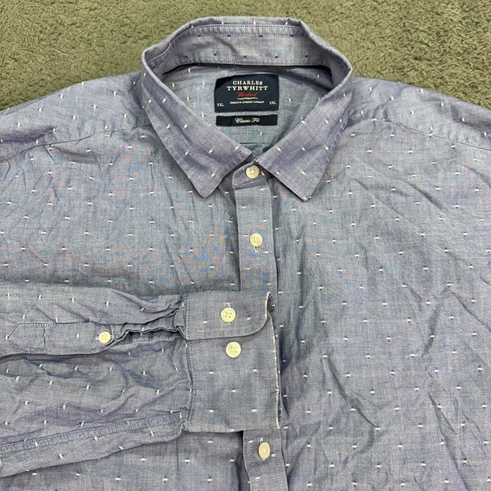 Charles Tyrwhitt Button Down Mens XXL Blue Embroidered Dot Classic Fit Shirt